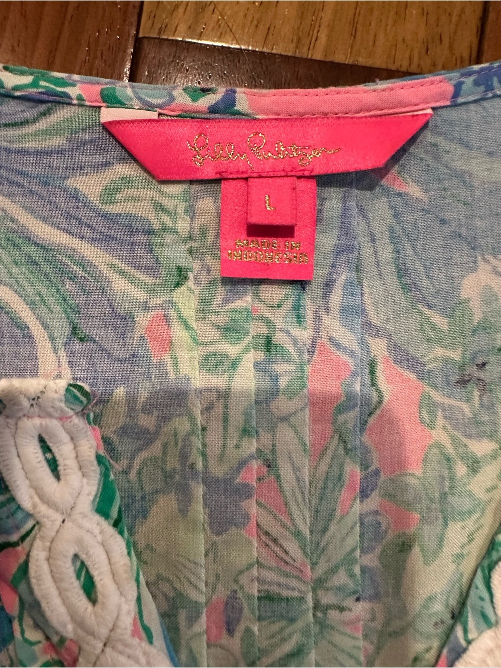 Lilly Pulitzer Pink, Blue & Green Floral V-Neck Tunic with Lace Trim - Picture 6 of 6